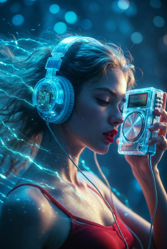 Woman with large transparent blue headphones holds a retro Sony portable radio, surrounded by neo...