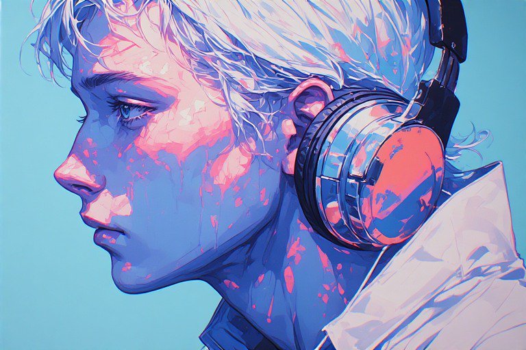 Stylized portrait of a person with white hair wearing large headphones in blue and pink tones.