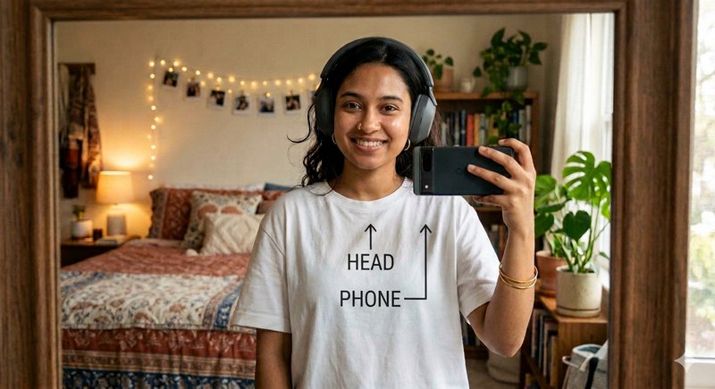 Young woman wearing headphones taking a mirror selfie in a cozy bedroom.