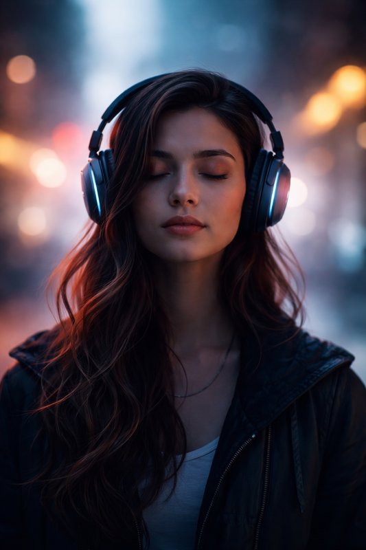 Woman wearing large headphones with eyes closed in a neon-lit city at night.