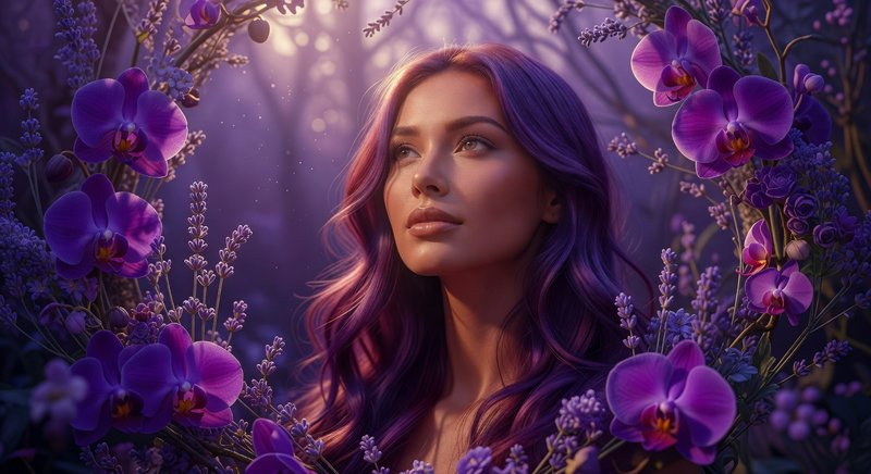 Portrait of a woman with purple hair among lavender and orchid flowers in a dreamy violet-lit scene.