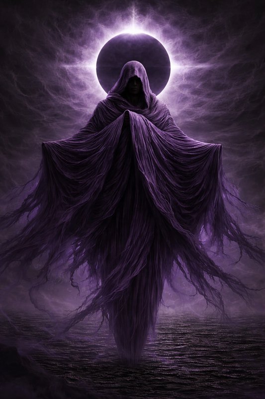 Dark purple-robed spectral figure with a halo over a misty, moonlit sea.