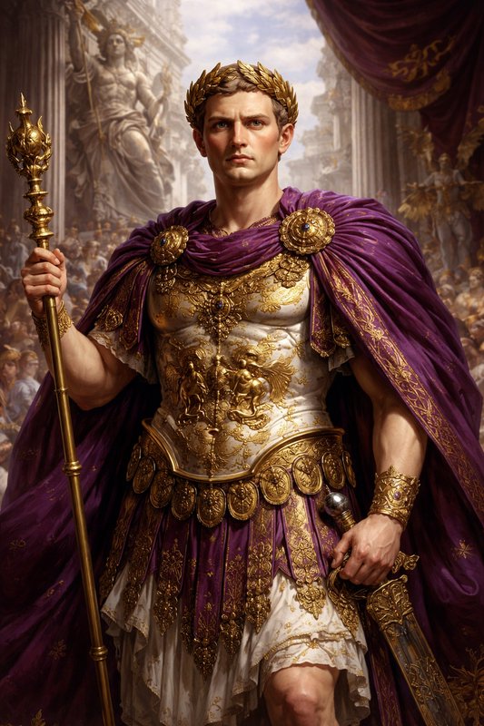 Roman emperor figure in gold armor with a purple cape and laurel crown, holding a scepter.