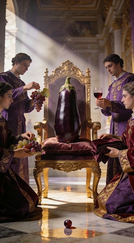 An oversized eggplant on a gilded throne, flanked by robed courtiers offering grapes and wine.