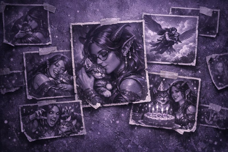 Elf-eared woman in glasses cuddling a cat, surrounded by a purple-toned photo collage.