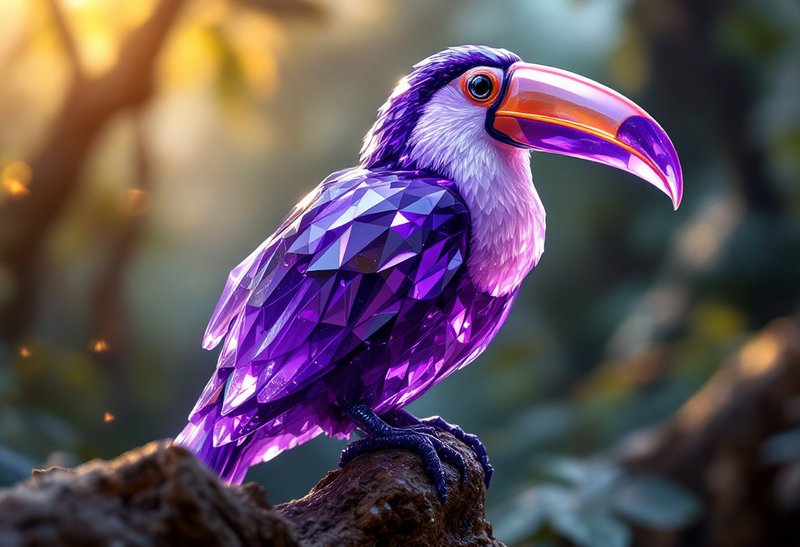 Purple geometric toucan perched on a branch with a vibrant, polygonal beak