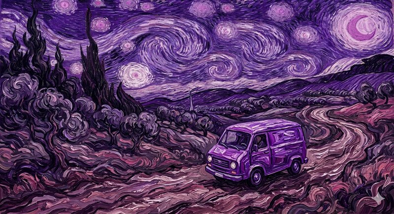 Purple landscape with swirling starry sky and a purple van on a winding road.