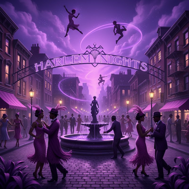 Neon-purple Harlem Nights street scene with couples dancing by a fountain under an arch.