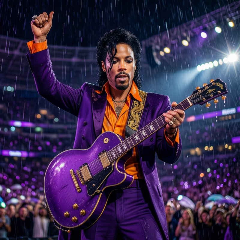 Musician in a purple suit playing a purple electric guitar in the rain at a concert.