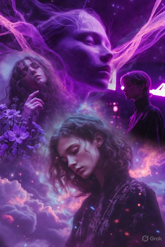 Surreal purple-glow collage featuring ethereal female faces, flowers, and clouds in a dreamy fant...