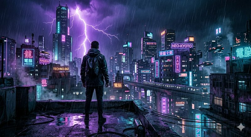 A lone figure with a backpack stands on a rain-soaked rooftop, gazing over a neon-lit cyberpunk c...