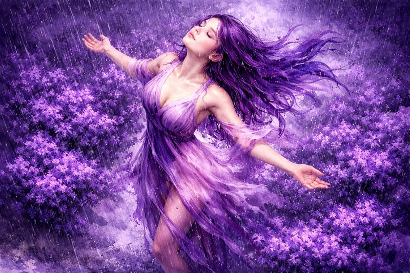 Woman in a flowing purple dress dancing among lavender flowers in a rainy, dreamlike scene.
