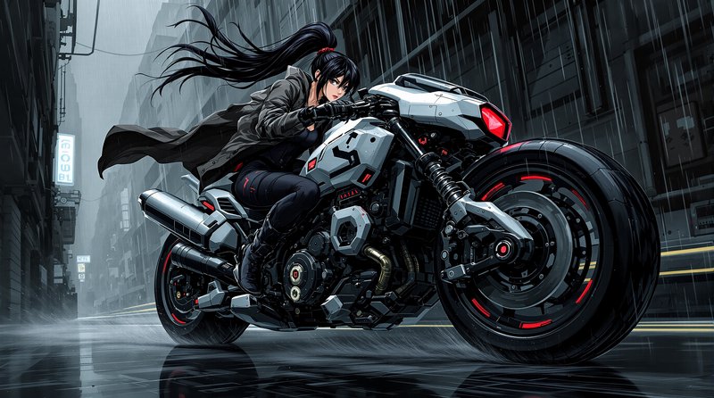 Female rider on a sleek sci-fi motorcycle in a rain-soaked urban street.