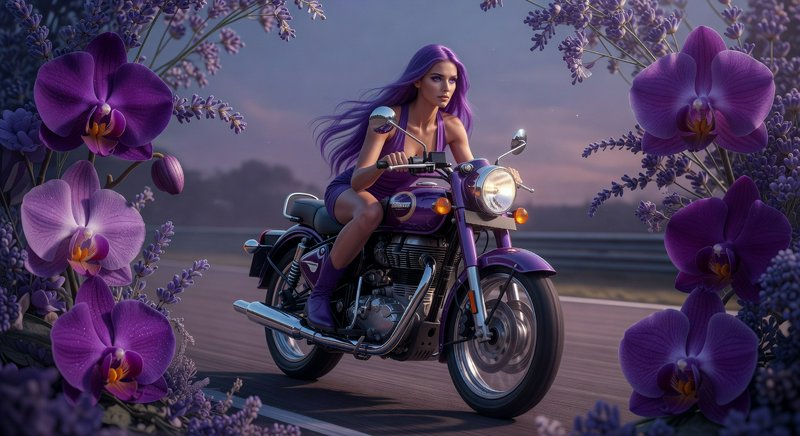 Woman with purple hair riding a purple motorcycle framed by large purple flowers.