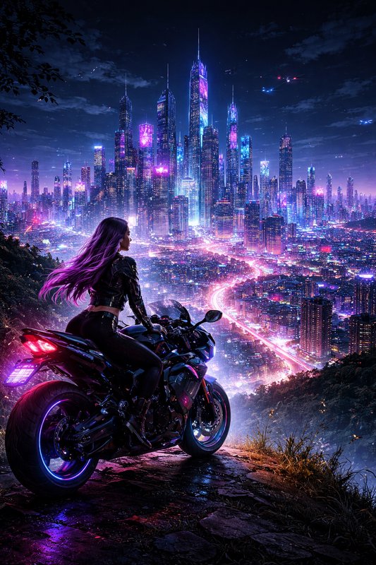 Woman on a motorcycle overlooking a neon-lit futuristic city at night.