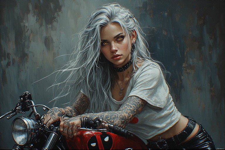 Tattooed woman with long silver hair leaning on a red motorcycle against a moody painterly backdrop.