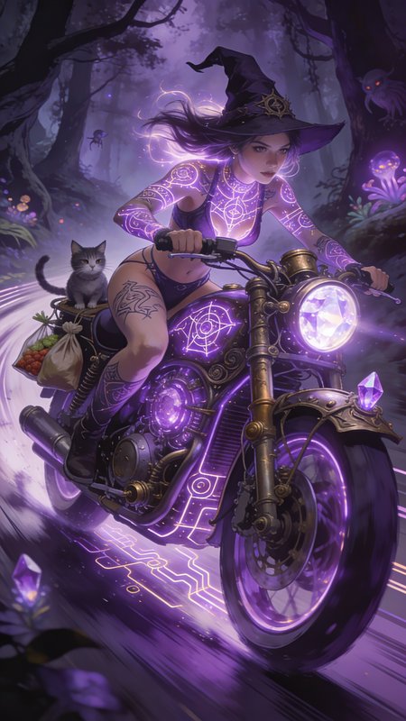 Purple-lit witch riding a glowing motorcycle through a mystical forest with a cat.