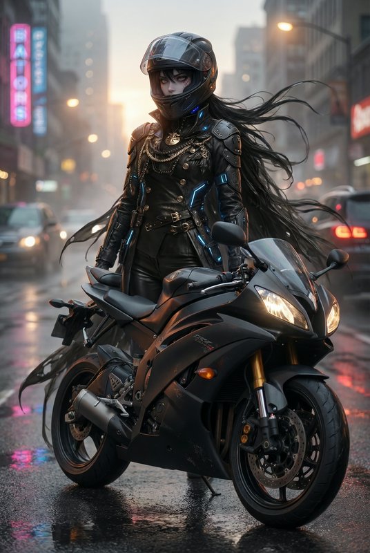 Futuristic armored rider in black suit with helmet beside a sport motorcycle on a rainy city street.