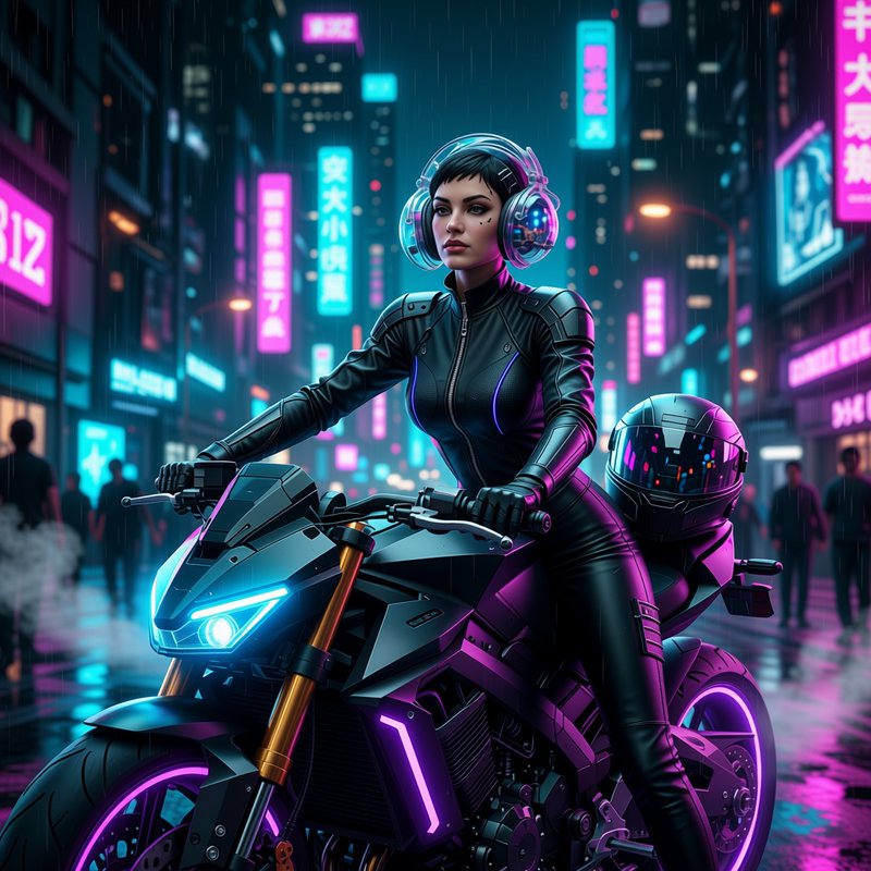 Female rider in a neon-lit cyberpunk city on a futuristic motorcycle wearing black leather and he...