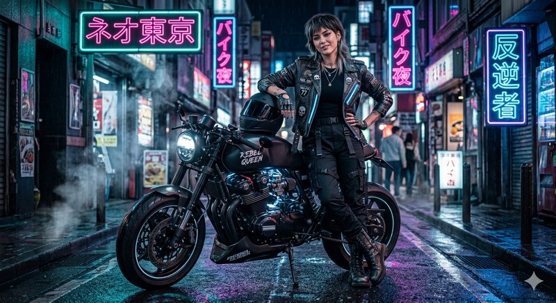 Biker woman leaning on a dark motorcycle on a neon-lit Tokyo-style street at night.