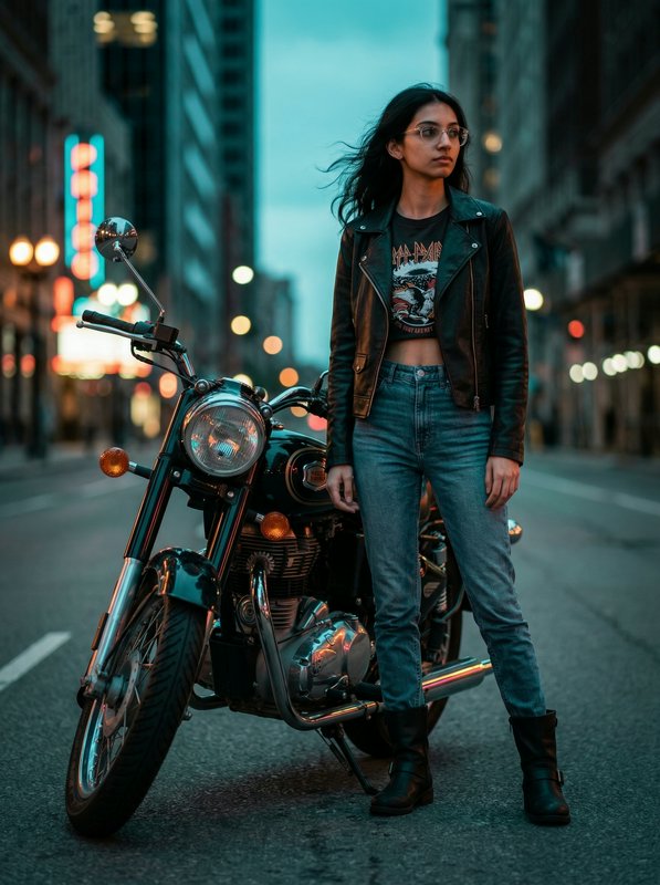 Woman in a black leather jacket and jeans stands beside a motorcycle on a neon-lit city street at...