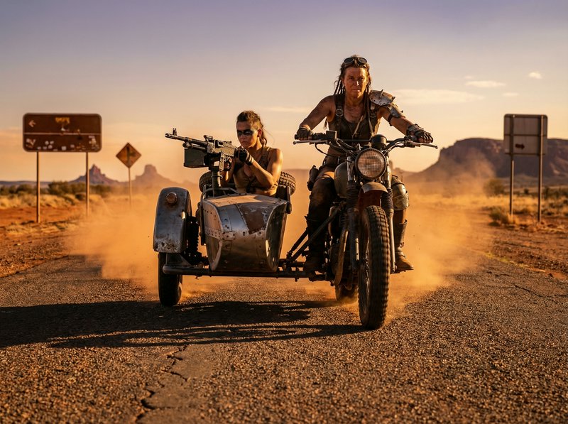 Two rugged riders on a vintage motorcycle with a sidecar trek a dusty desert road.
