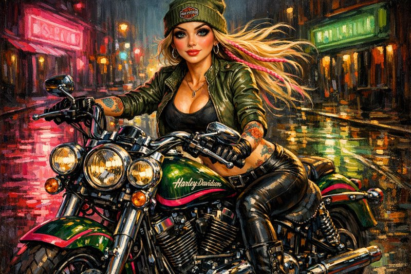 Woman biker on a green Harley-Davidson at night in a neon-lit street.