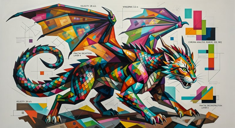 Vibrant geometric dragon illustration with polygonal facets and bold colors.