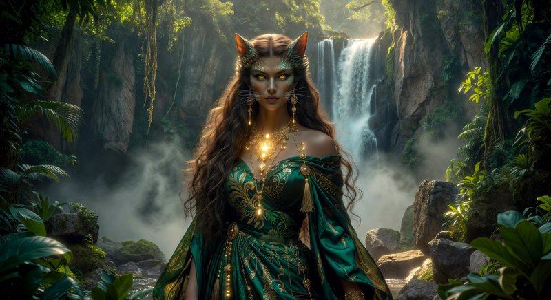 Ethereal female elf with cat ears in an emerald gown beside a jungle waterfall.