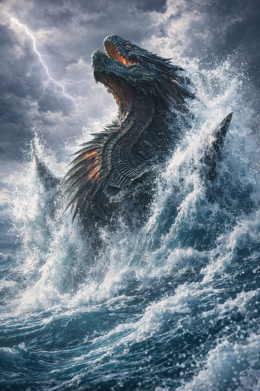 Epic sea monster with open jaws rising through crashing waves amid stormy skies and lightning.