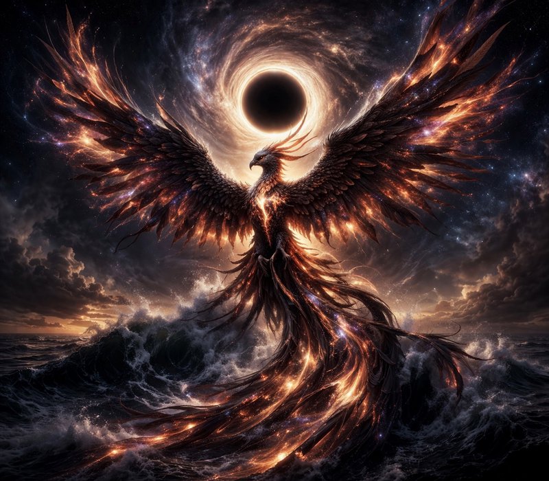 Fiery phoenix with glowing wings rising from stormy seas beneath a dark solar eclipse.