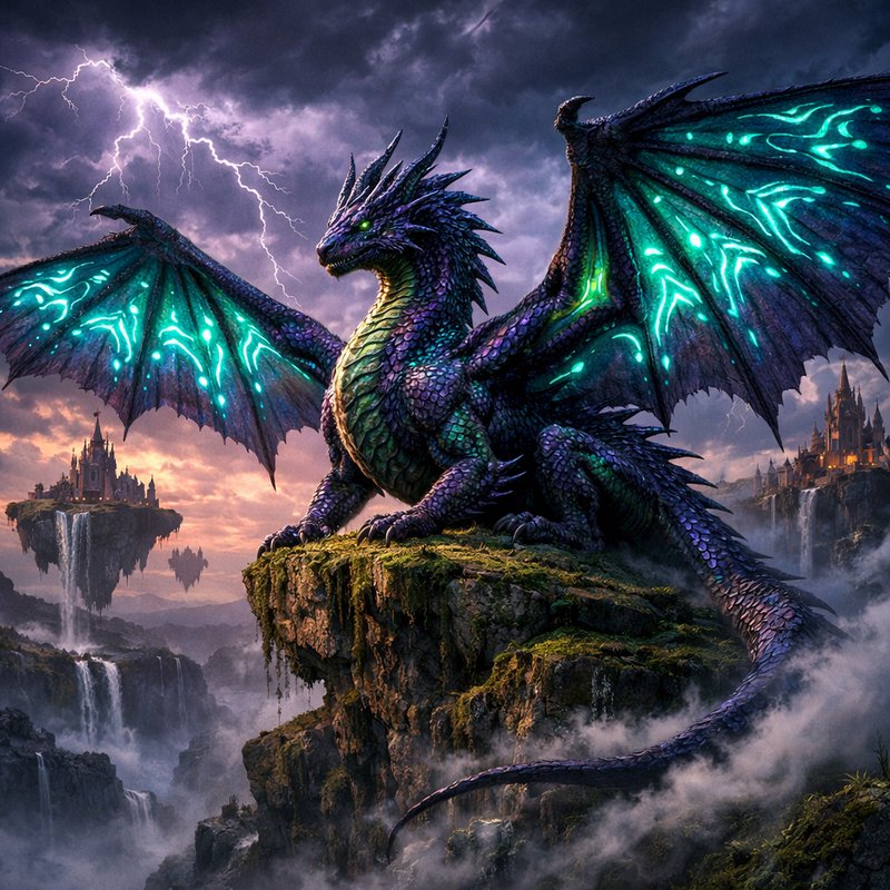 Majestic neon-winged dragon perched on a rocky cliff amid stormy skies and distant castles.