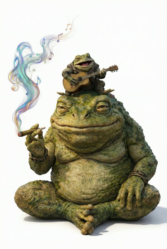 Large green frog creature sitting cross-legged with a smaller frog guitarist on its head, smoking...
