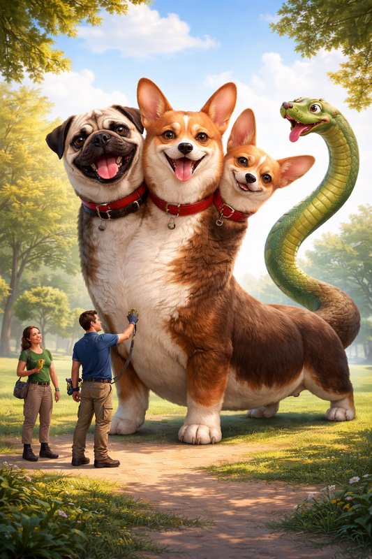 Three-headed corgi-dog statue in a sunlit park with a friendly serpent sculpture