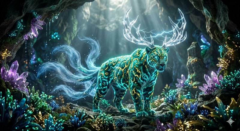Neon-lit mystical stag with teal fur and crystal antlers in a glowing crystal cavern.
