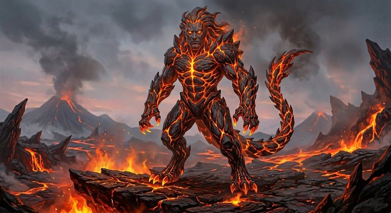Fiery lava demon standing atop molten rocks amid erupting volcanoes.
