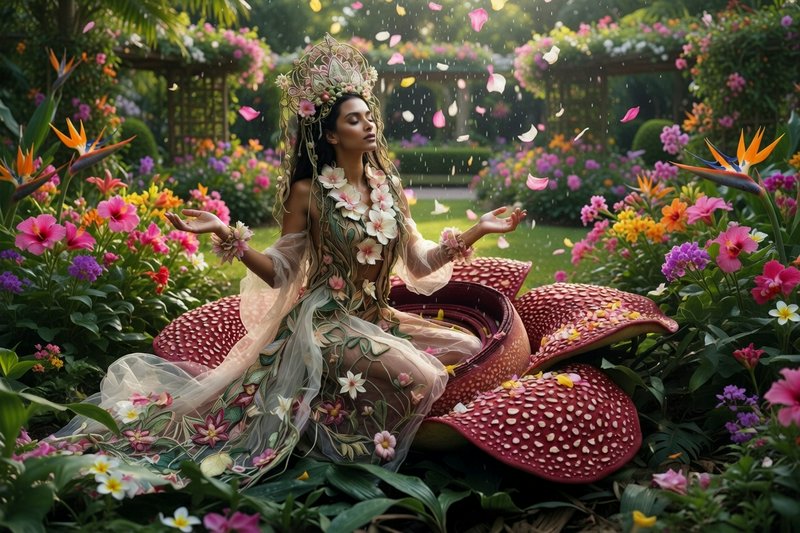 Woman in a floral couture gown and crown seated on a giant red mushroom in a vibrant garden.