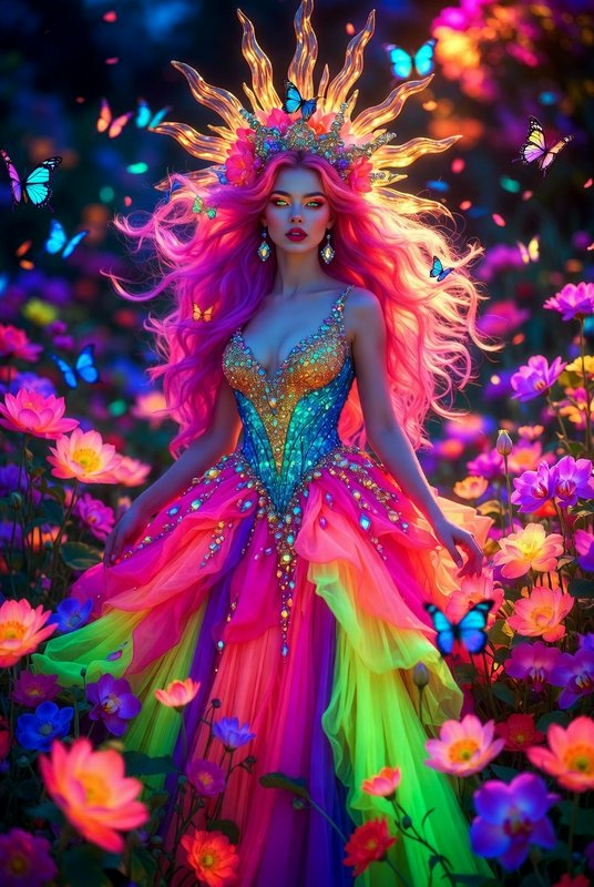 Fantasy portrait of a woman in a rainbow gown with a fiery sunburst headdress among colorful flow...