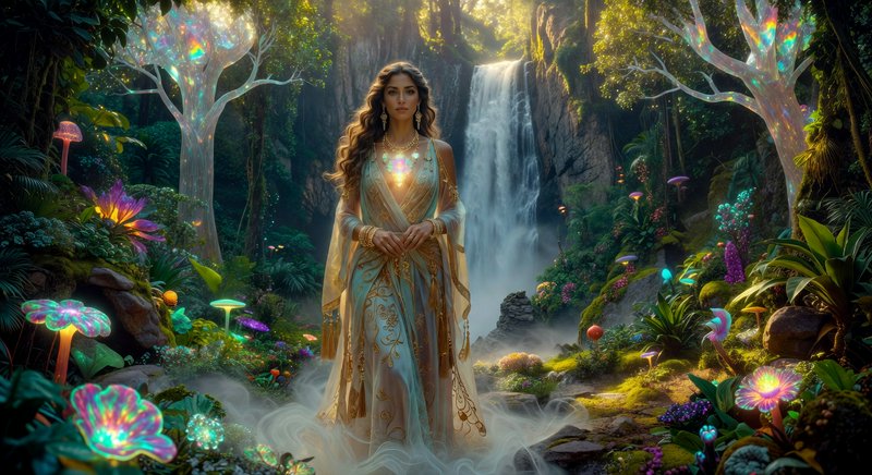 Enchanting goddess in a pale blue-gold gown stands in a magical forest with a glowing waterfall.