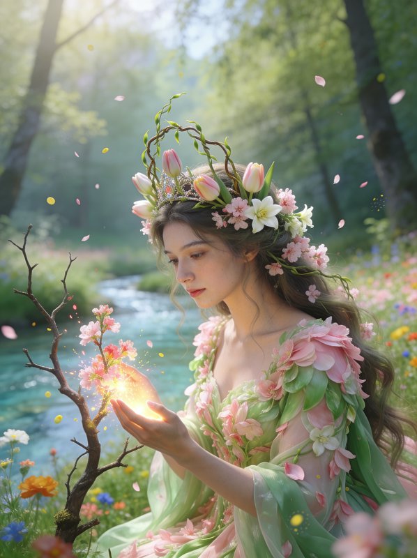 Enchanting woman in a floral gown and crown by a sunlit river, basking in a magical glow.