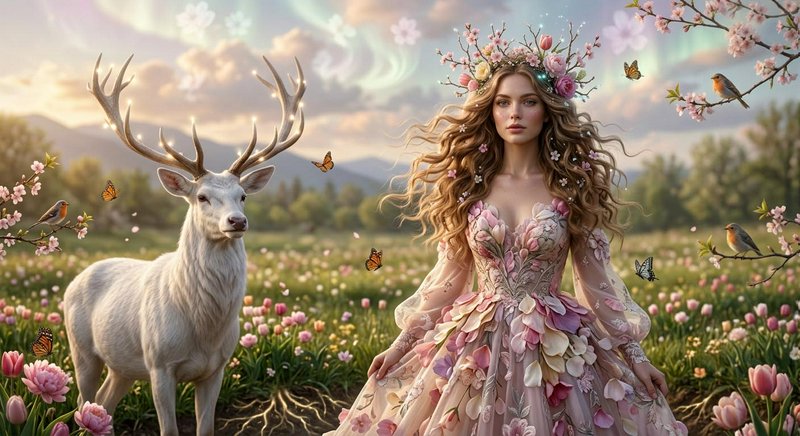 Woman in a pastel floral gown with a flower crown in a magical meadow beside a white deer.