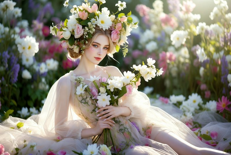 Woman in a large floral crown lying among pastel flowers, holding a bouquet.