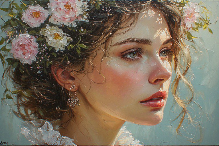 Portrait of a woman with a flower crown in a soft, painterly style.