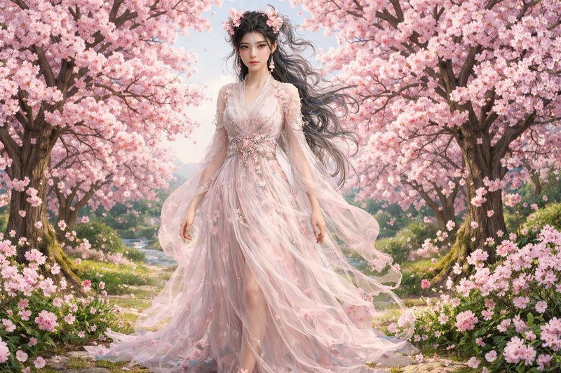 Young woman in a flowing pink gown walking among blooming cherry blossoms.