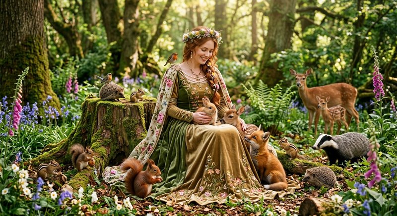 Bride-like woman in an emerald medieval gown with a floral crown sits among forest creatures.