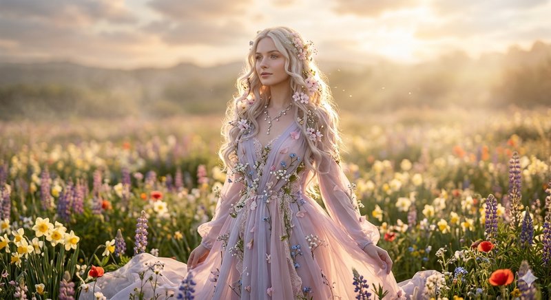 Ethereal woman in a lavender floral gown stands in a sunlit wildflower field.