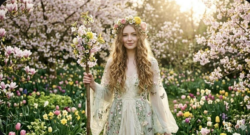Woman in a floral dress with a flower crown standing in a blooming spring garden.