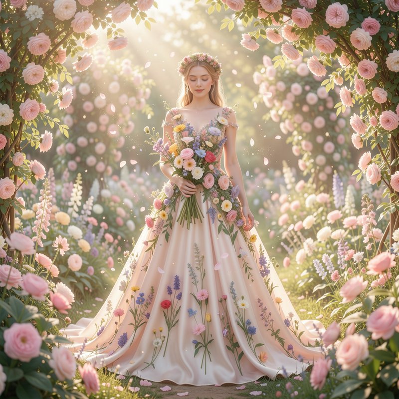 Woman in a pastel floral gown with a flower crown in a sunlit garden arch of pink roses.