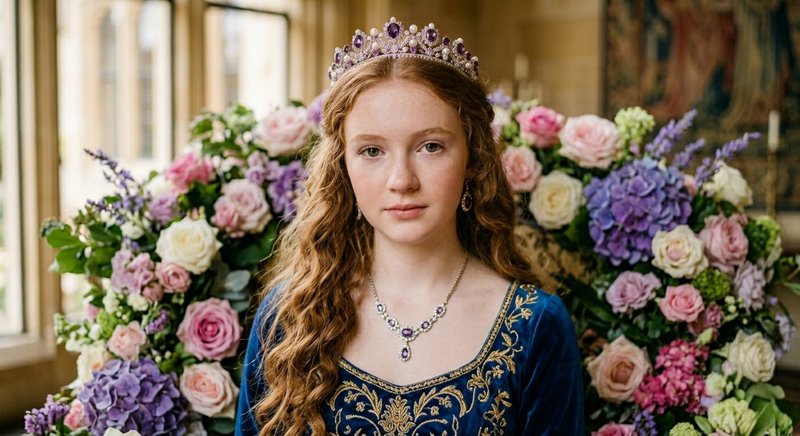 Young woman in a jeweled crown and blue embroidered gown amid pastel roses and lavender blooms.