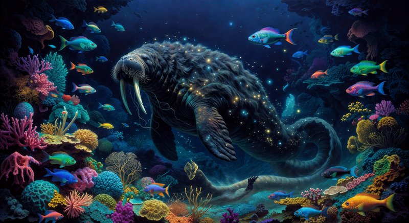 Bioluminescent deep-sea walrus-like creature swimming among colorful coral and tropical fish.